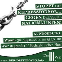 Ankündigungsgrafik für eine Kundgebung der Partei Der Dritte Weg mit dem Schriftzug "Stoppt die Repressionswut gegen Deutsche Nationalisten".