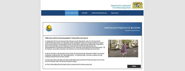Screenshot des Internetportals "Wirtschaftsschutz Bayern" Screenshot des Internetportals "Wirtschaftsschutz Bayern"